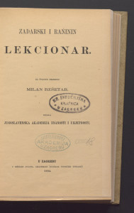 Zadarski i Rańinin lekcionar / za štampu priredio Milan Rešetar.