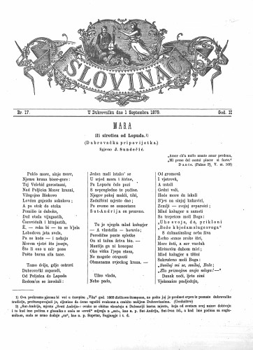 Slovinac : list za knjigu, umjetnost i obrtnost : 2,17(1879) / odgovorni urednik Vjekoslav Pretner.