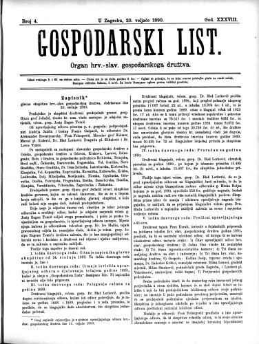 Gospodarski list : organ hrv.-slav. gospodarskoga družtva : 38,4(1890) / uredjuje u ime upravlj. odbora gospod. družtva Fran Kuralt.