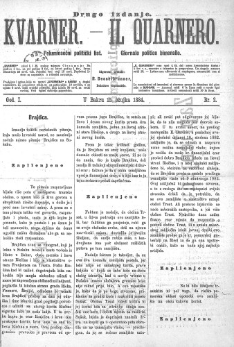 Kvarner : polumjesečni politički list = Il Quarnero : giornale politico bimensile : 1,2(1884) / odgovorni urednik, redattore risponsabile Rudolf Desselbrunner.