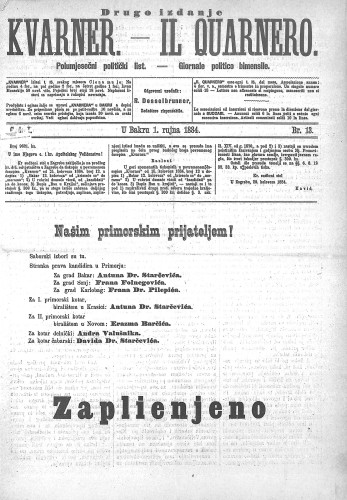 Kvarner : polumjesečni politički list = Il Quarnero : giornale politico bimensile : 1,13(1884) / odgovorni urednik, redattore risponsabile Rudolf Desselbrunner.