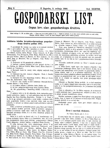 Gospodarski list : organ hrv.-slav. gospodarskoga družtva : 38,9(1890) / uredjuje u ime upravlj. odbora gospod. družtva Fran Kuralt.