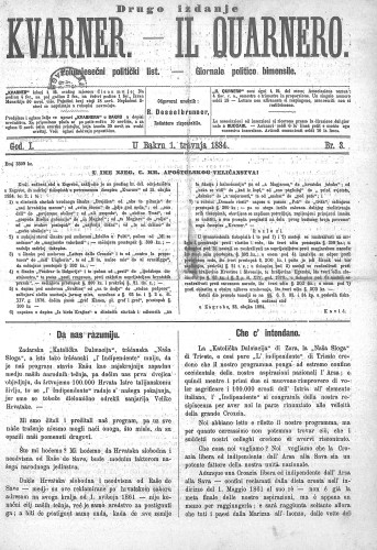 Kvarner : polumjesečni politički list = Il Quarnero : giornale politico bimensile : 1,3(1884) / odgovorni urednik, redattore risponsabile Rudolf Desselbrunner.