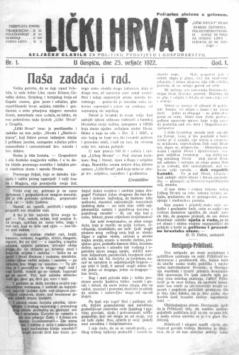 Lički Hrvat : 1,1(1922) : seljačko glasilo za politiku, prosvjetu i gospodarstvo / odgovorni urednik Slavko Šojat.
