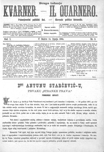 Kvarner : polumjesečni politički list = Il Quarnero : giornale politico bimensile : 1,8(1884) / odgovorni urednik, redattore risponsabile Rudolf Desselbrunner.