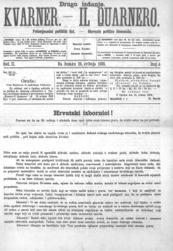 Kvarner : polumjesečni politički list = Il Quarnero : giornale politico bimensile : 2,4(1892) / odgovorni urednik, redattore risponsabile Rudolf Desselbrunner.
