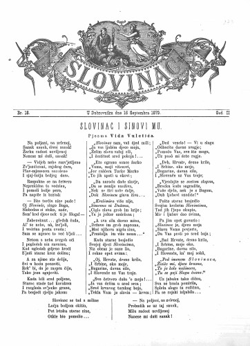 Slovinac : list za knjigu, umjetnost i obrtnost : 2,18(1879) / odgovorni urednik Vjekoslav Pretner.