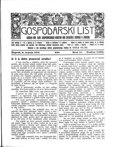 Gospodarski list : organ hrv.-slav. gospodarskoga družtva : 58,13(1910) / uredjuje u ime upravnoga odbora gospodarskoga društva Dr. Franjo Poljak.