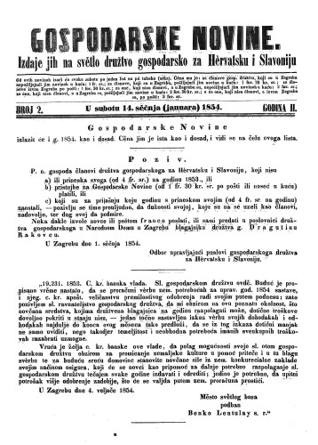 Gospodarske novine : izdaje jih na svetlo družtvo gospodarsko za Hervatsku i Slavoniju : 2,2(1854) / odgovorni urednik Dragutin Rakovec.