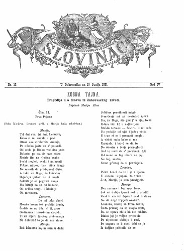 Slovinac : list za knjigu, umjetnost i obrtnost : 4,12(1881) / odgovorni urednik Vjekoslav Pretner.