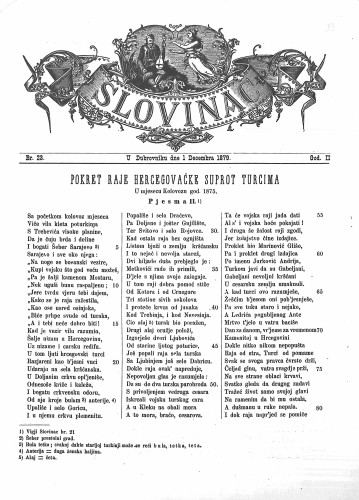 Slovinac : list za knjigu, umjetnost i obrtnost : 2,23(1879) / odgovorni urednik Vjekoslav Pretner.