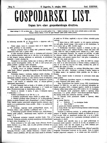 Gospodarski list : organ hrv.-slav. gospodarskoga družtva : 38,5(1890) / uredjuje u ime upravlj. odbora gospod. družtva Fran Kuralt.