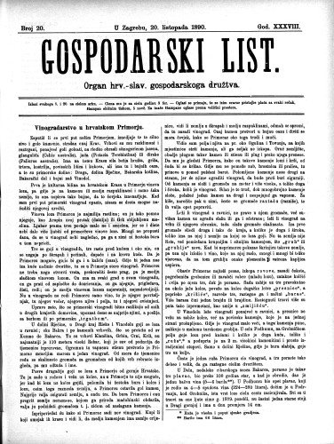 Gospodarski list : organ hrv.-slav. gospodarskoga družtva : 38,20(1890) / uredjuje u ime upravlj. odbora gospod. družtva Fran Kuralt.