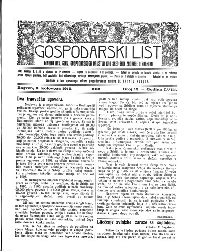 Gospodarski list : organ hrv.-slav. gospodarskoga družtva : 58,15(1910) / uredjuje u ime upravnoga odbora gospodarskoga društva Dr. Franjo Poljak.