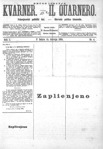 Kvarner : polumjesečni politički list = Il Quarnero : giornale politico bimensile : 1,4(1884) / odgovorni urednik, redattore risponsabile Rudolf Desselbrunner.
