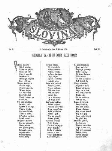 Slovinac : list za knjigu, umjetnost i obrtnost : 2,5(1879) / odgovorni urednik Vjekoslav Pretner.