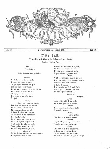 Slovinac : list za knjigu, umjetnost i obrtnost : 4,13(1881) / odgovorni urednik Vjekoslav Pretner.