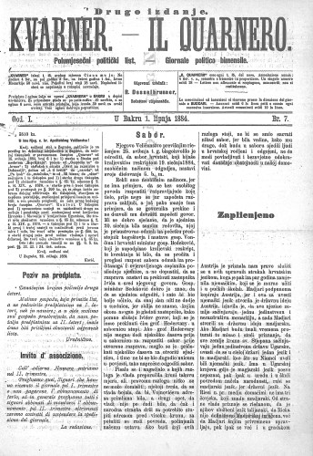 Kvarner : polumjesečni politički list = Il Quarnero : giornale politico bimensile : 1,7(1884) / odgovorni urednik, redattore risponsabile Rudolf Desselbrunner.