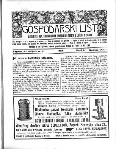 Gospodarski list : organ hrv.-slav. gospodarskoga družtva : 58,4(1910) / uredjuje u ime upravnoga odbora gospodarskoga društva Dr. Franjo Poljak.