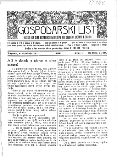 Gospodarski list : organ hrv.-slav. gospodarskoga družtva : 58,1(1910) / uredjuje u ime upravnoga odbora gospodarskoga društva Dr. Franjo Poljak.