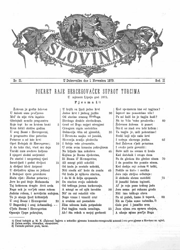 Slovinac : list za knjigu, umjetnost i obrtnost : 2,21(1879) / odgovorni urednik Vjekoslav Pretner.