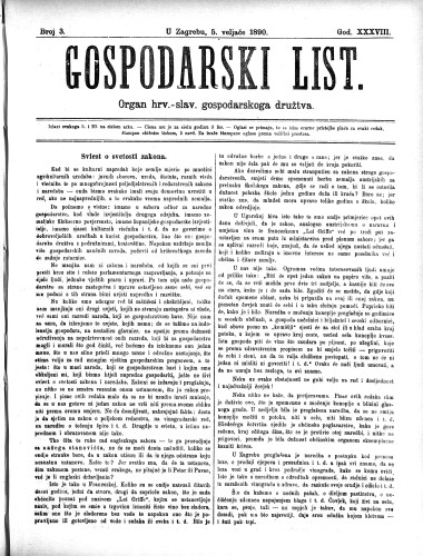 Gospodarski list : organ hrv.-slav. gospodarskoga družtva : 38,3(1890) / uredjuje u ime upravlj. odbora gospod. družtva Fran Kuralt.