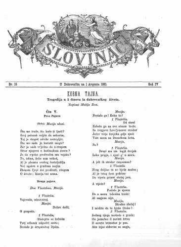 Slovinac : list za knjigu, umjetnost i obrtnost : 4,15(1881) / odgovorni urednik Vjekoslav Pretner.