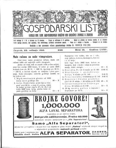 Gospodarski list : organ hrv.-slav. gospodarskoga družtva : 58,10(1910) / uredjuje u ime upravnoga odbora gospodarskoga društva Dr. Franjo Poljak.