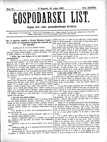 Gospodarski list : organ hrv.-slav. gospodarskoga družtva : 38,18(1890) / uredjuje u ime upravlj. odbora gospod. družtva Fran Kuralt.