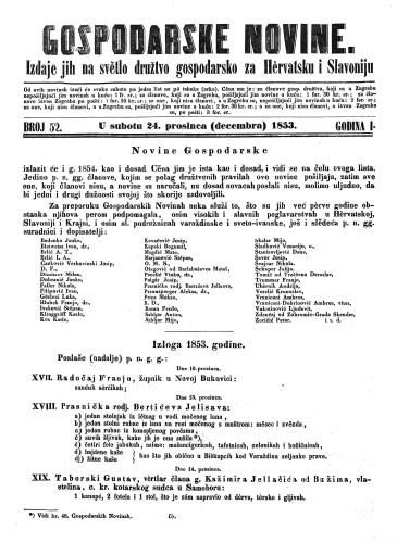 Gospodarske novine : izdaje jih na svetlo družtvo gospodarsko za Hervatsku i Slavoniju : 1,52(1853) / odgovorni urednik Dragutin Rakovec.