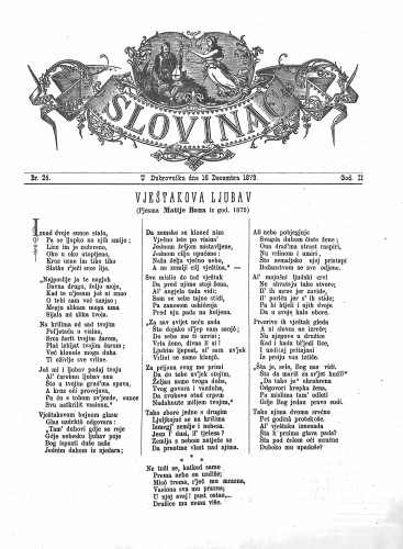 Slovinac : list za knjigu, umjetnost i obrtnost : 2,24(1879) / odgovorni urednik Vjekoslav Pretner.