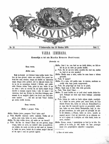 Slovinac : list za knjigu, umjetnost i obrtnost : 1,12(1878) / odgovorni urednik Vjekoslav Pretner.
