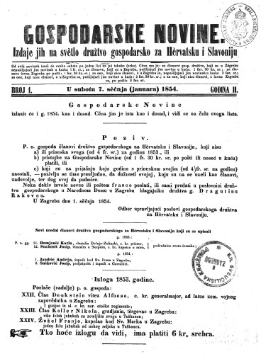 Gospodarske novine : izdaje jih na svetlo družtvo gospodarsko za Hervatsku i Slavoniju : 2,1(1854) / odgovorni urednik Dragutin Rakovec.