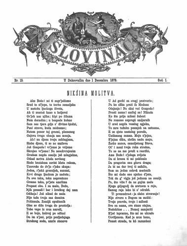 Slovinac : list za knjigu, umjetnost i obrtnost :1,15(1878) / odgovorni urednik Vjekoslav Pretner.