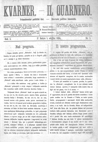 Kvarner : polumjesečni politički list = Il Quarnero : giornale politico bimensile : 1,1(1884) / odgovorni urednik, redattore risponsabile Rudolf Desselbrunner.