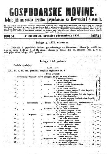 Gospodarske novine : izdaje jih na svetlo družtvo gospodarsko za Hervatsku i Slavoniju : 1,53(1853) / odgovorni urednik Dragutin Rakovec.