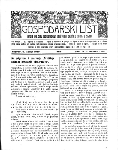 Gospodarski list : organ hrv.-slav. gospodarskoga družtva : 58,11(1910) / uredjuje u ime upravnoga odbora gospodarskoga društva Dr. Franjo Poljak.