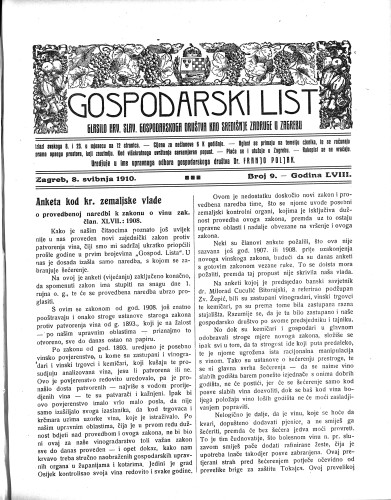 Gospodarski list : organ hrv.-slav. gospodarskoga družtva : 58,9(1910) / uredjuje u ime upravnoga odbora gospodarskoga društva Dr. Franjo Poljak.
