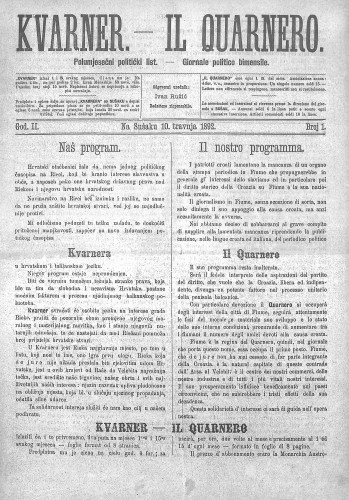 Kvarner : polumjesečni politički list = Il Quarnero : giornale politico bimensile : 2,1(1892) / odgovorni urednik, redattore risponsabile Rudolf Desselbrunner.
