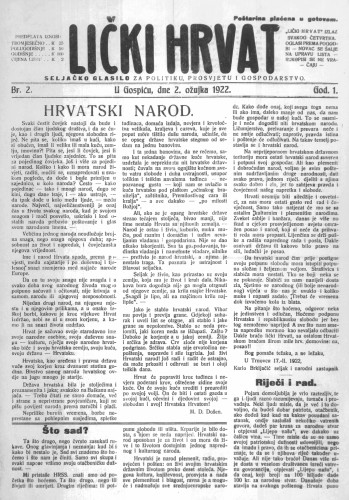 Lički Hrvat : 1,2(1922) : seljačko glasilo za politiku, prosvjetu i gospodarstvo / odgovorni urednik Slavko Šojat.