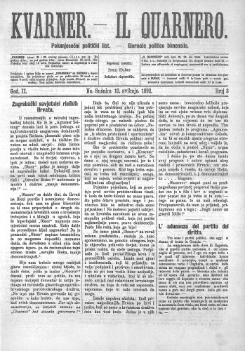Kvarner : polumjesečni politički list = Il Quarnero : giornale politico bimensile : 2,3(1892) / odgovorni urednik, redattore risponsabile Rudolf Desselbrunner.