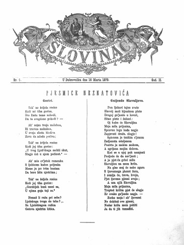 Slovinac : list za knjigu, umjetnost i obrtnost : 2,6(1879) / odgovorni urednik Vjekoslav Pretner.