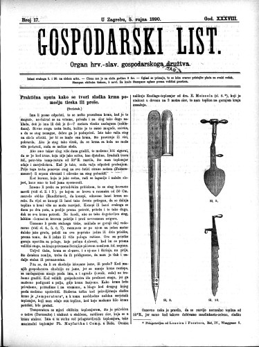 Gospodarski list : organ hrv.-slav. gospodarskoga družtva : 38,17(1890) / uredjuje u ime upravlj. odbora gospod. družtva Fran Kuralt.