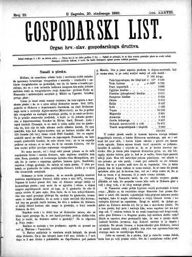 Gospodarski list : organ hrv.-slav. gospodarskoga družtva : 38,22(1890) / uredjuje u ime upravlj. odbora gospod. družtva Fran Kuralt.