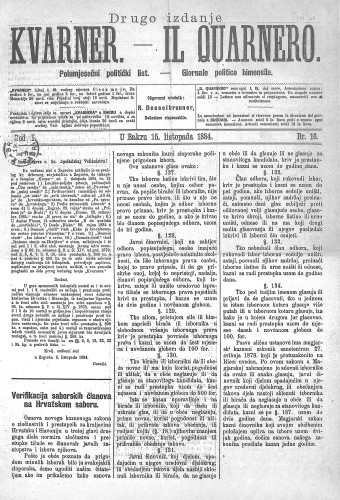 Kvarner : polumjesečni politički list = Il Quarnero : giornale politico bimensile : 1,16(1884) / odgovorni urednik, redattore risponsabile Rudolf Desselbrunner.