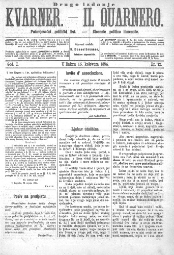 Kvarner : polumjesečni politički list = Il Quarnero : giornale politico bimensile : 1,12(1884) / odgovorni urednik, redattore risponsabile Rudolf Desselbrunner.