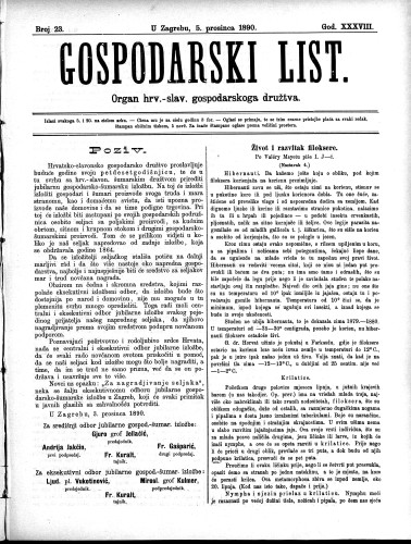 Gospodarski list : organ hrv.-slav. gospodarskoga družtva : 38,23(1890) / uredjuje u ime upravlj. odbora gospod. družtva Fran Kuralt.