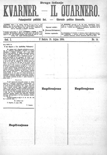 Kvarner : polumjesečni politički list = Il Quarnero : giornale politico bimensile : 1,14(1884) / odgovorni urednik, redattore risponsabile Rudolf Desselbrunner.