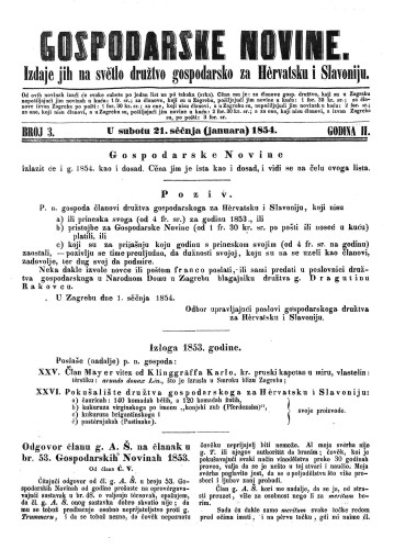 Gospodarske novine : izdaje jih na svetlo družtvo gospodarsko za Hervatsku i Slavoniju : 2,3(1854) / odgovorni urednik Dragutin Rakovec.