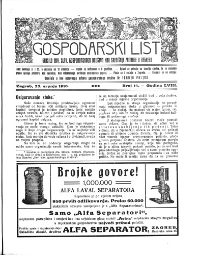 Gospodarski list : organ hrv.-slav. gospodarskoga družtva : 58,14(1910) / uredjuje u ime upravnoga odbora gospodarskoga društva Dr. Franjo Poljak.